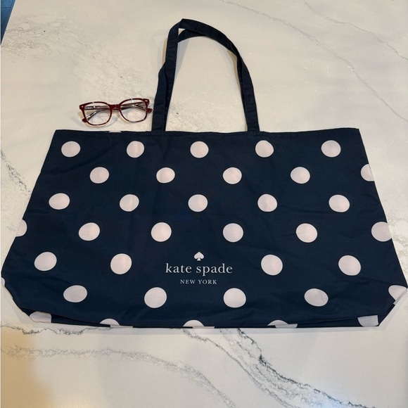 NEW Kate Spade Canvas Oversized Reusable Navy Blue and White Polka Dot Tote - Picture 4 of 4